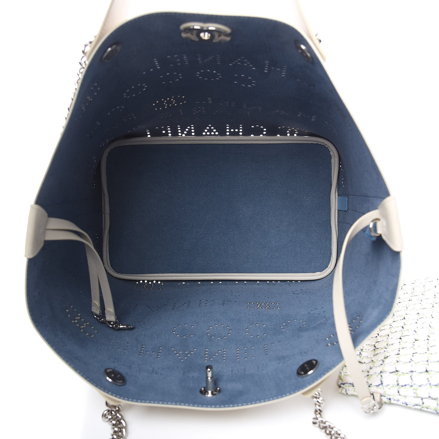 Calfskin Tweed Small Logo Eyelets Shopping Tote Beige