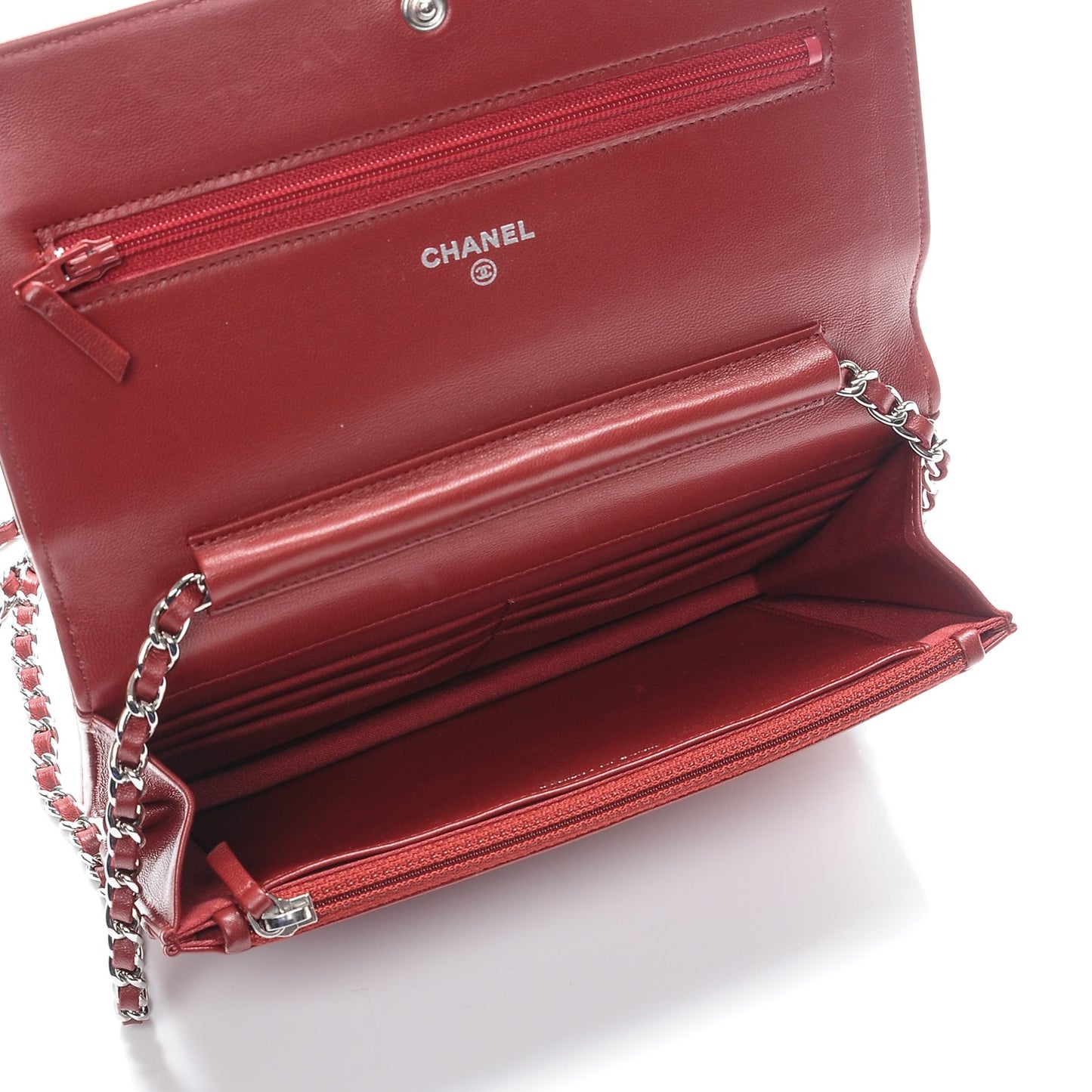 Lambskin Camellia Embossed Wallet On Chain WOC Dark Red