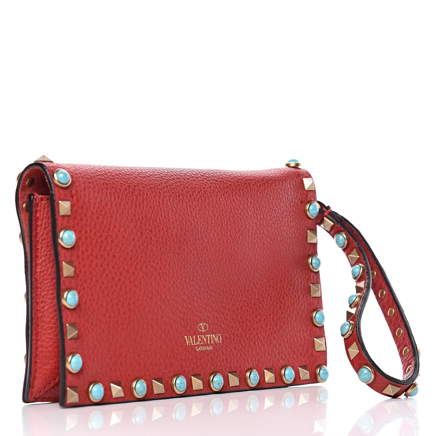 Grained Calfskin Turquoise Small Rockstud Rolling Wristlet Clutch Rosso Valentino
