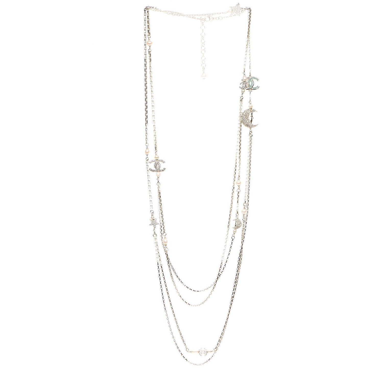 Glass Pearl Strass CC Long Necklace Gold Silver Light Blue
