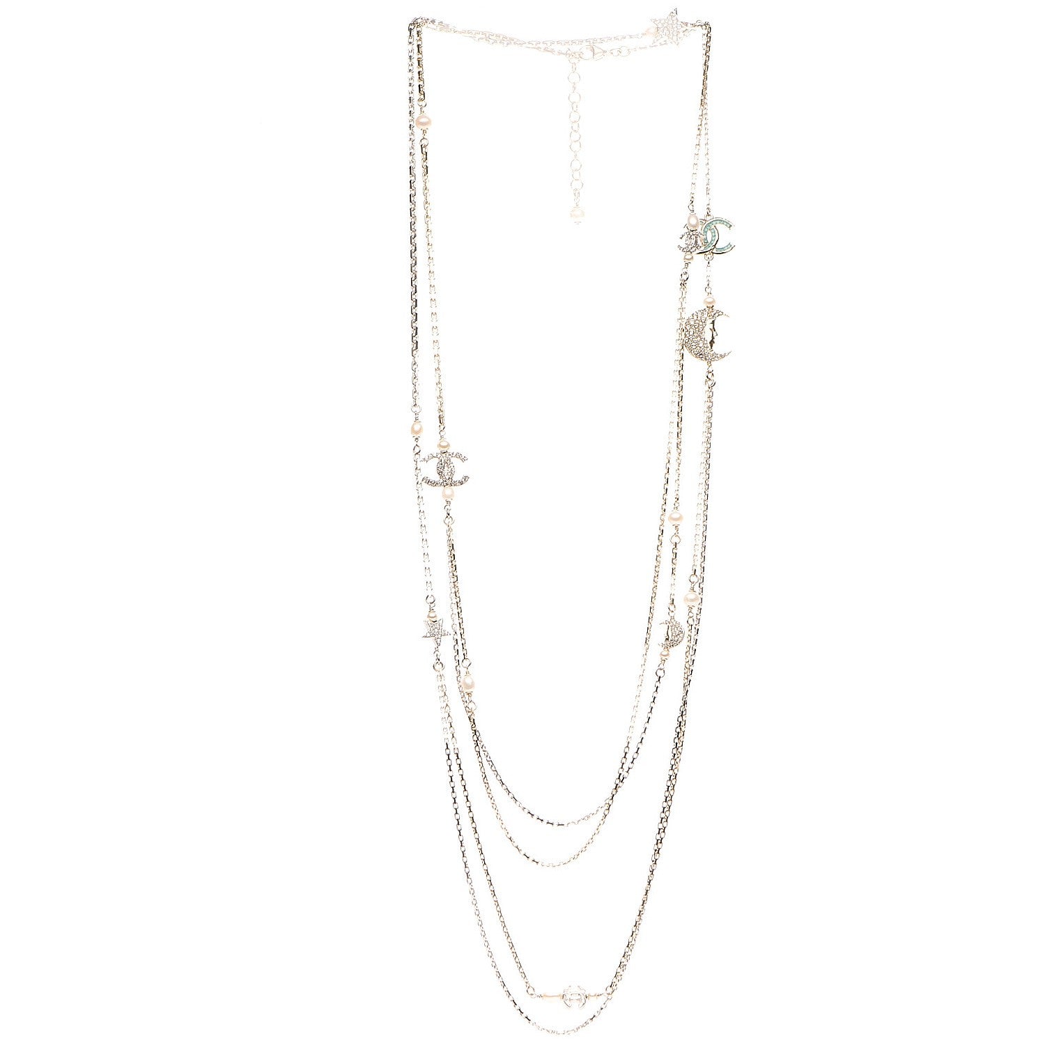 Chanel Glass Pearl Strass CC Long Necklace Gold Silver Light Blue 3 of 8