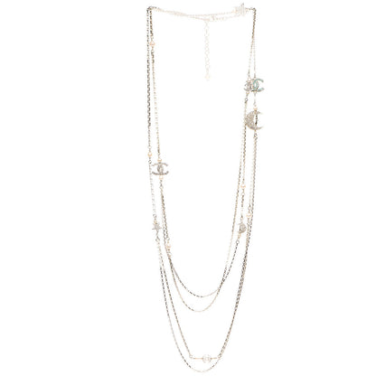 Chanel Glass Pearl Strass CC Long Necklace Gold Silver Light Blue 3 of 8