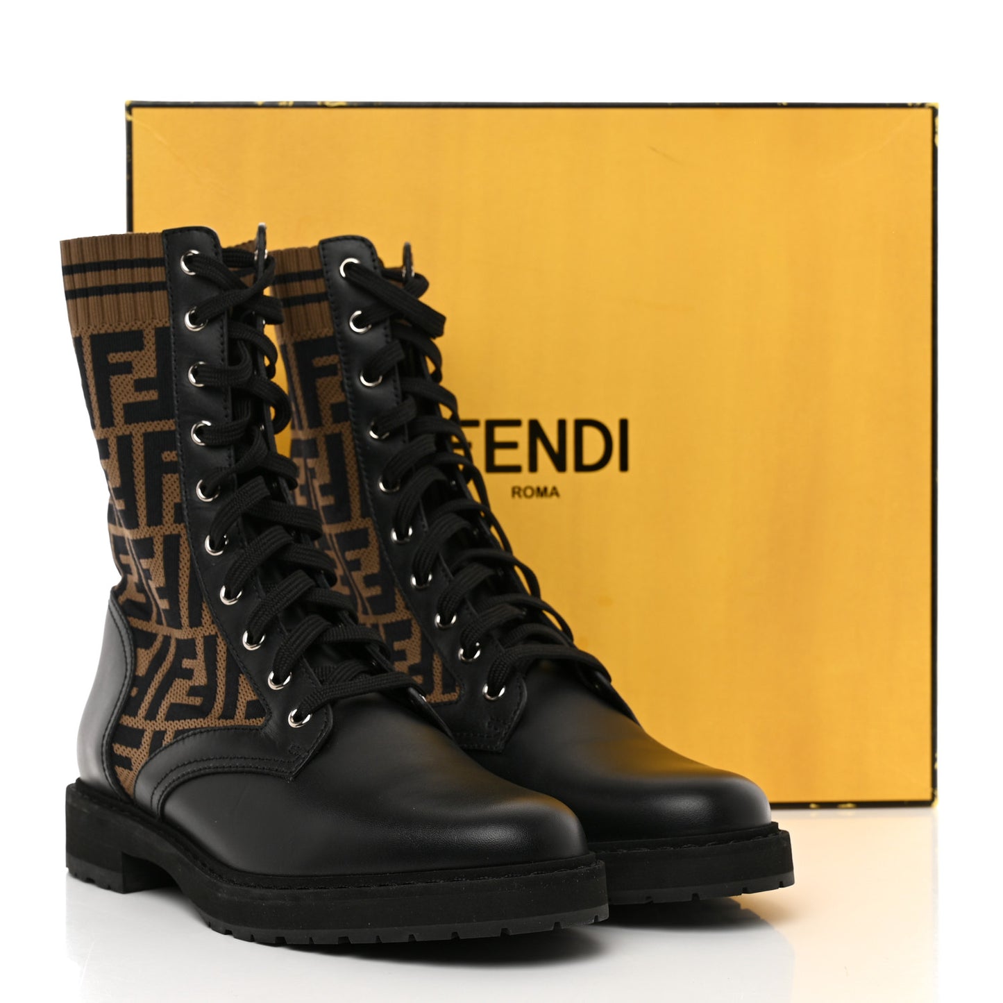 Calfskin Stretch Fabric FF Rockoko Biker Boots 39.5 Black Tobacco