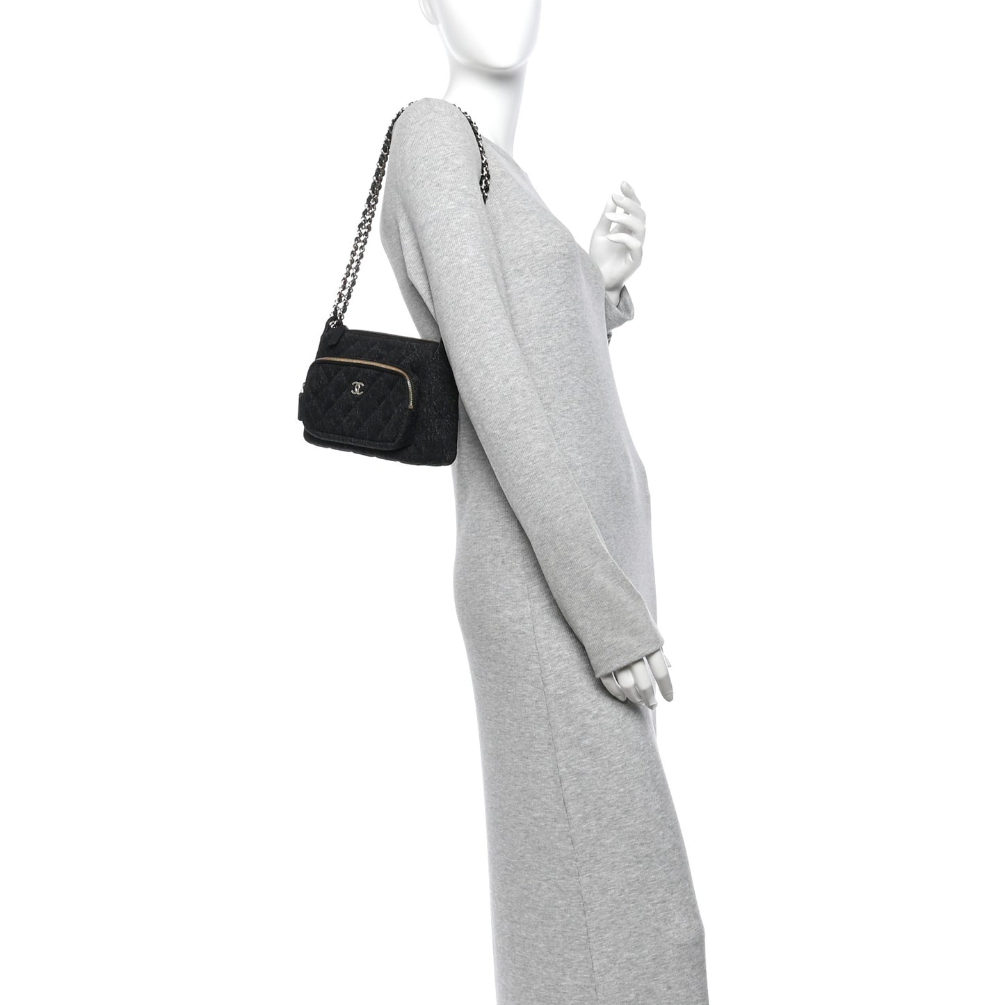 Denim Quilted Small Preppy Pocket Clutch With Chain  Black