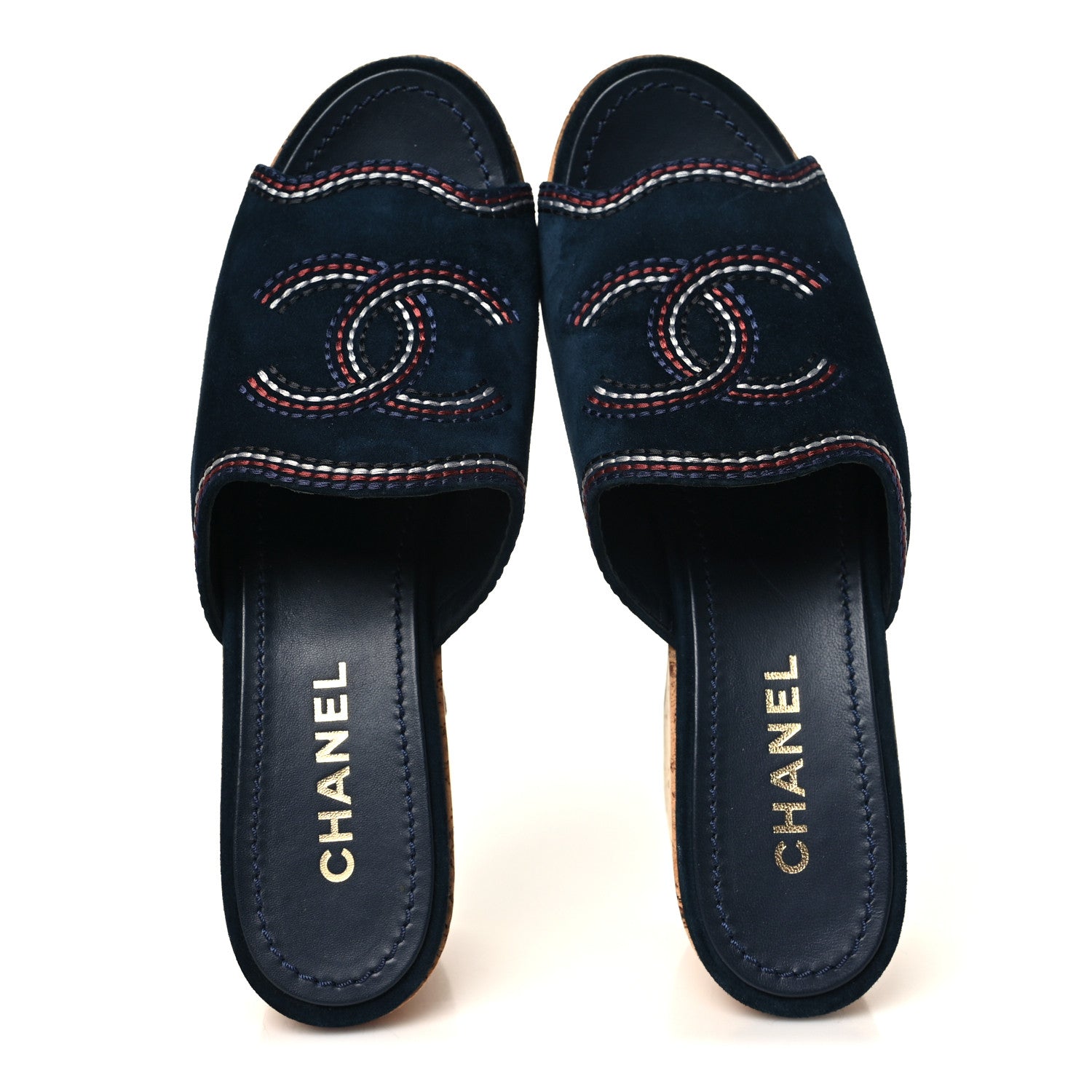 Chanel Suede Calfskin Cork CC Wedge Sandal 39.5 Navy Blue 2 of 10