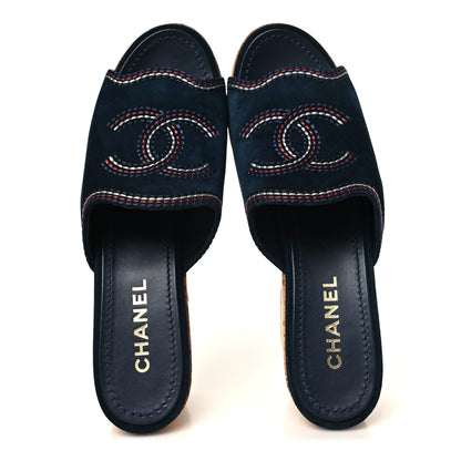 Chanel Suede Calfskin Cork CC Wedge Sandal 39.5 Navy Blue 2 of 10