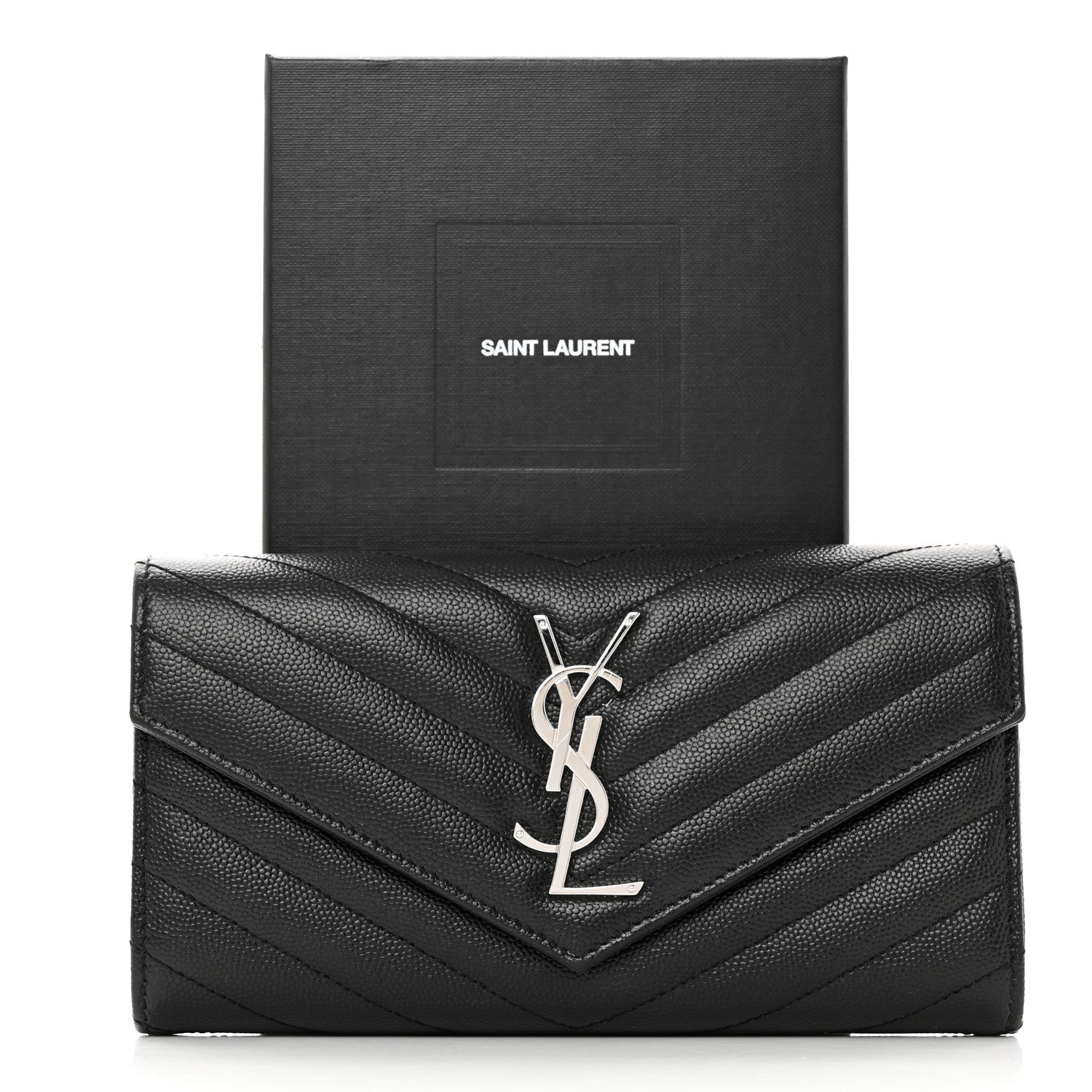 Saint Laurent Grain De Poudre Matelasse Chevron Monogram Flap Wallet Black 11 of 11
