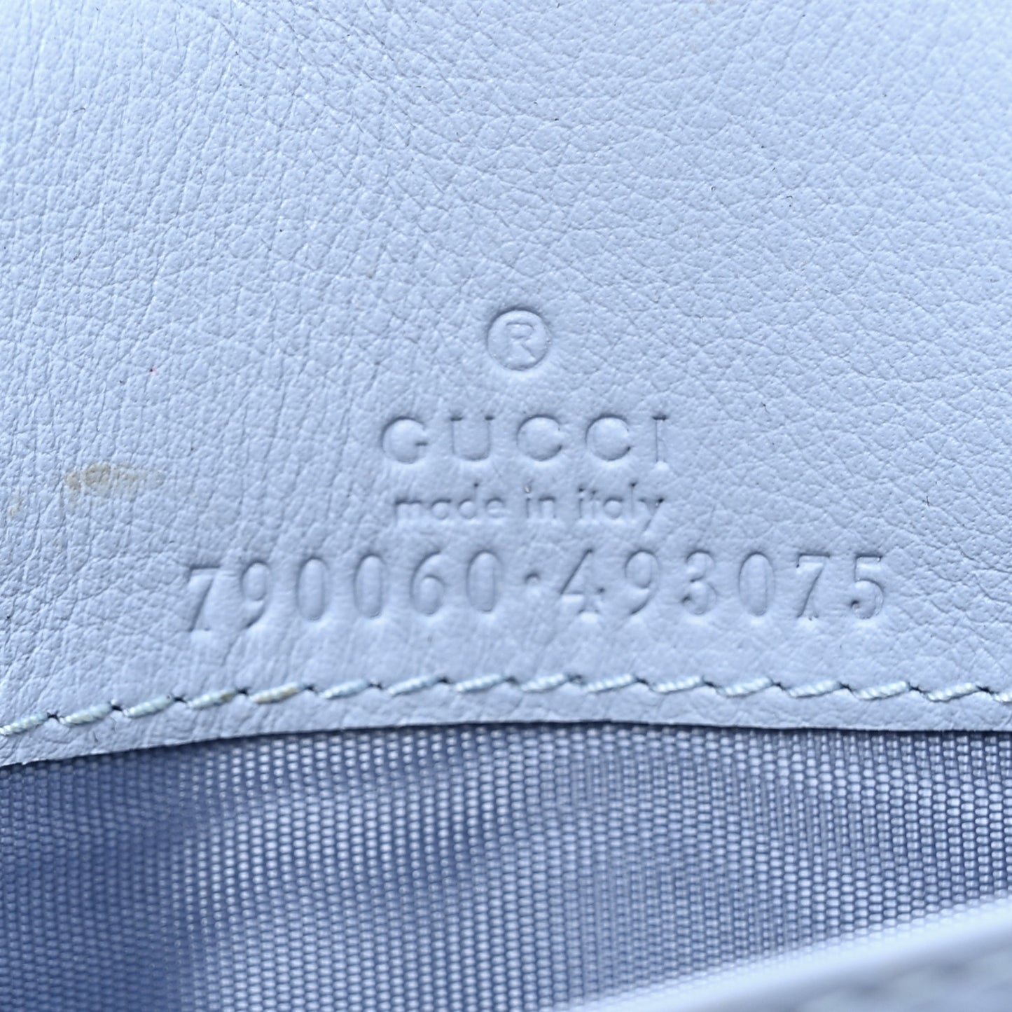 GG Supreme Monogram Textured Dollar Calfskin Mini GG Marmont Chain Wallet Light Pink Blue Beige