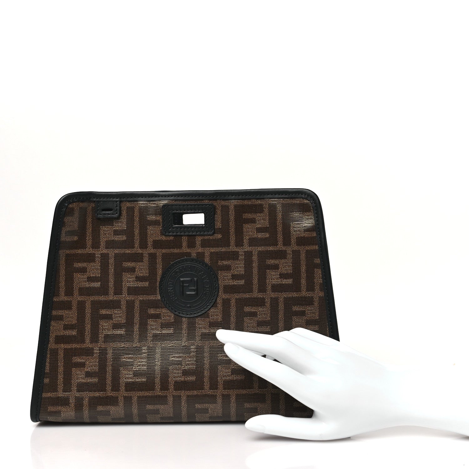 Fendi Glazed Fabric Vitello Century FF 1974 Stamp Patch Mini Peekaboo Defender Cover Mogano Panna Black 2 of 10