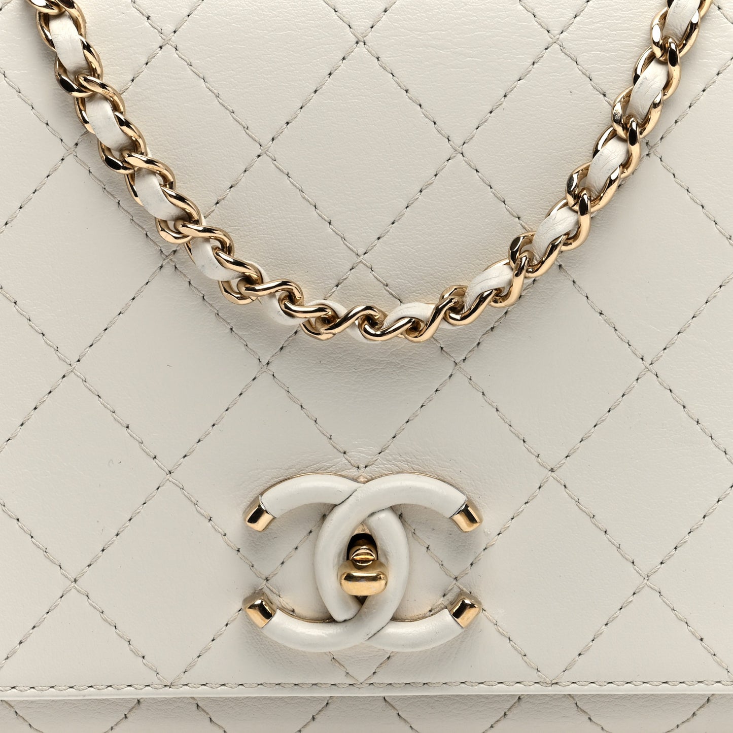 Calfskin Stitched Medium Covered CC Flap Bag White