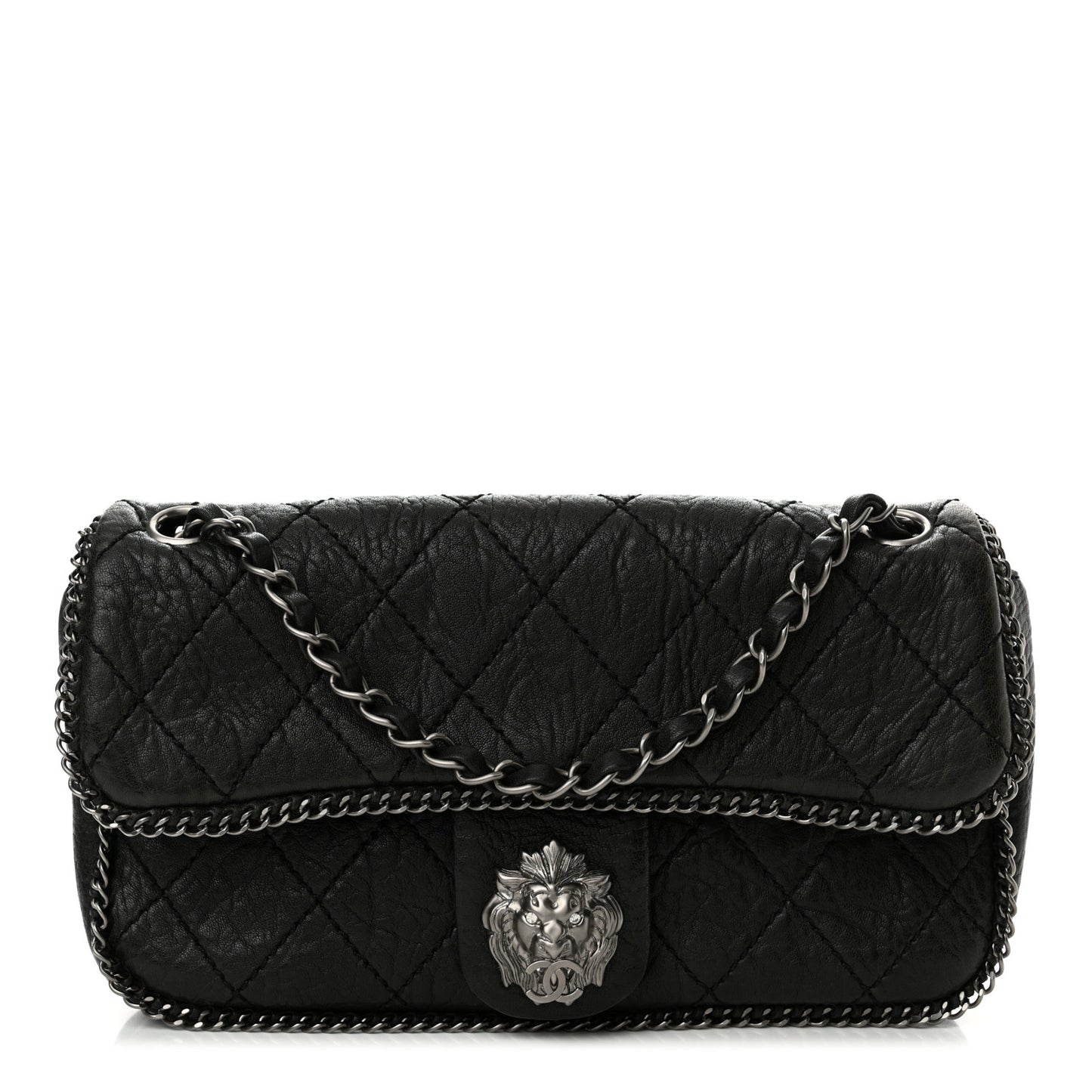 Distressed Lambskin Medium Leo Lion Flap Black