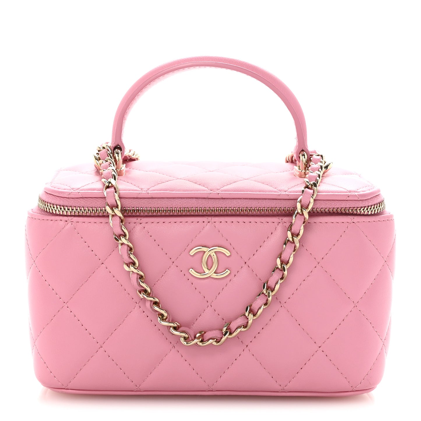 Lambskin Quilted Small Top Handle Vanity Case With Chain Pink