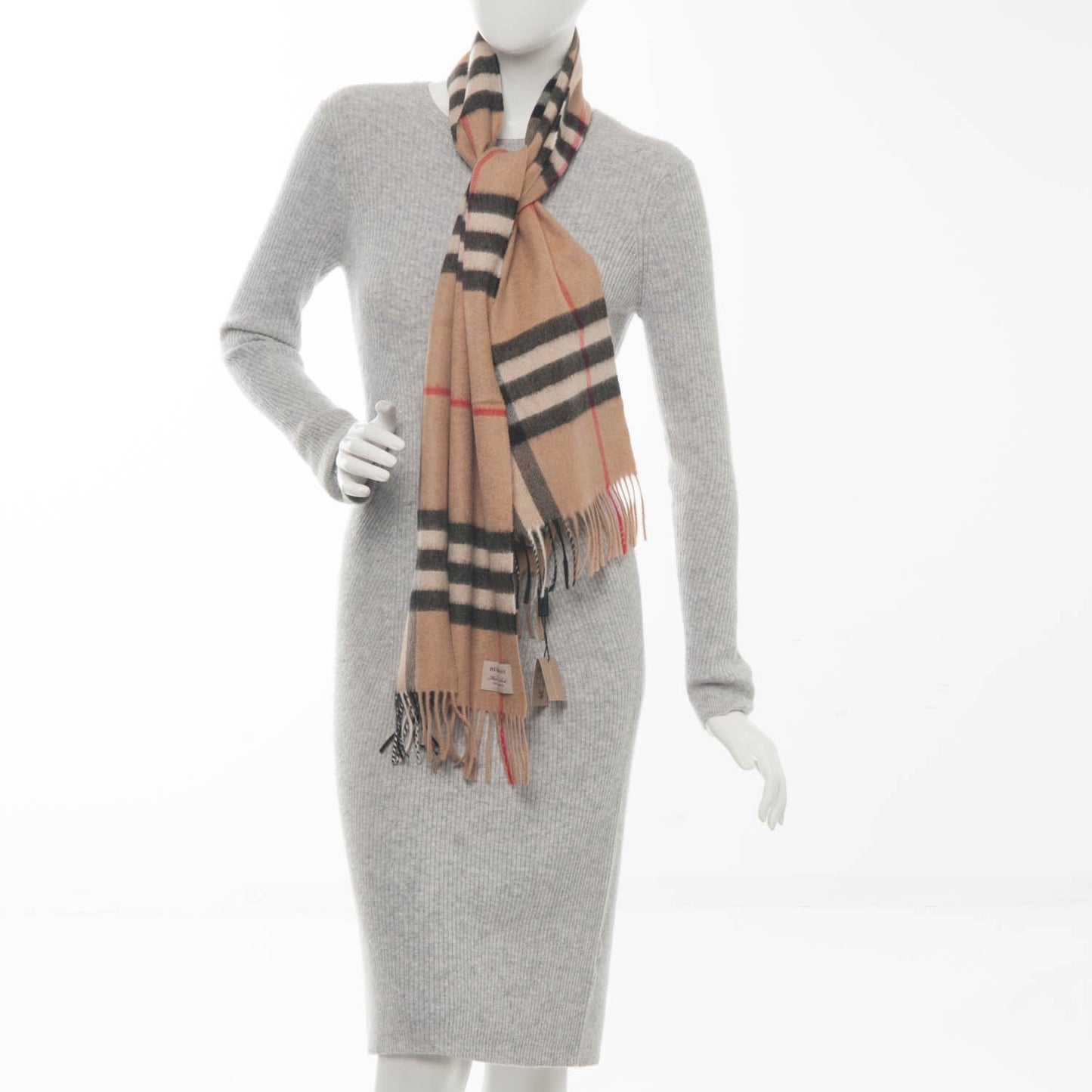 Cashmere Giant Check Fringe Scarf Camel