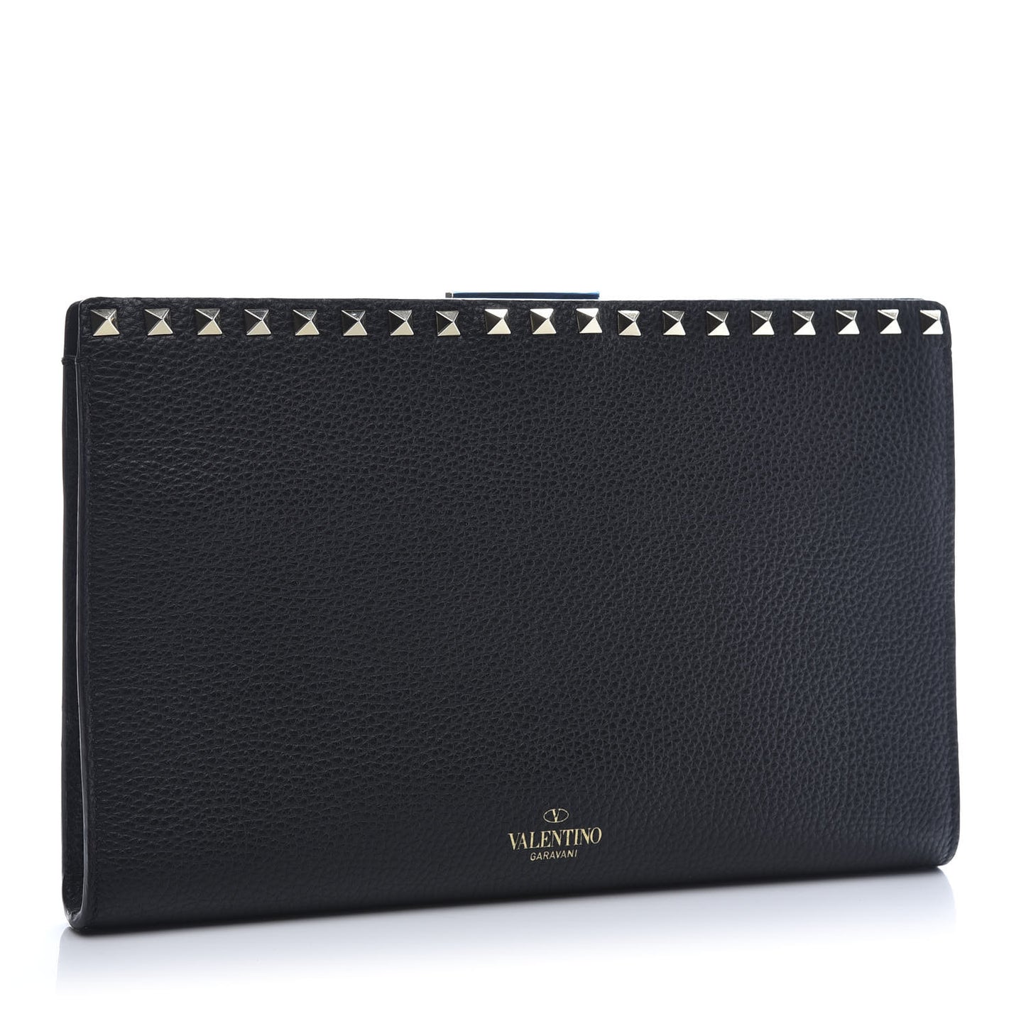 Pebbled Calfskin Rockstud Flip Lock Clutch Wallet Black