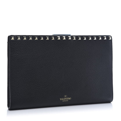 Valentino Garavani Pebbled Calfskin Rockstud Flip Lock Clutch Wallet Black 3 of 10