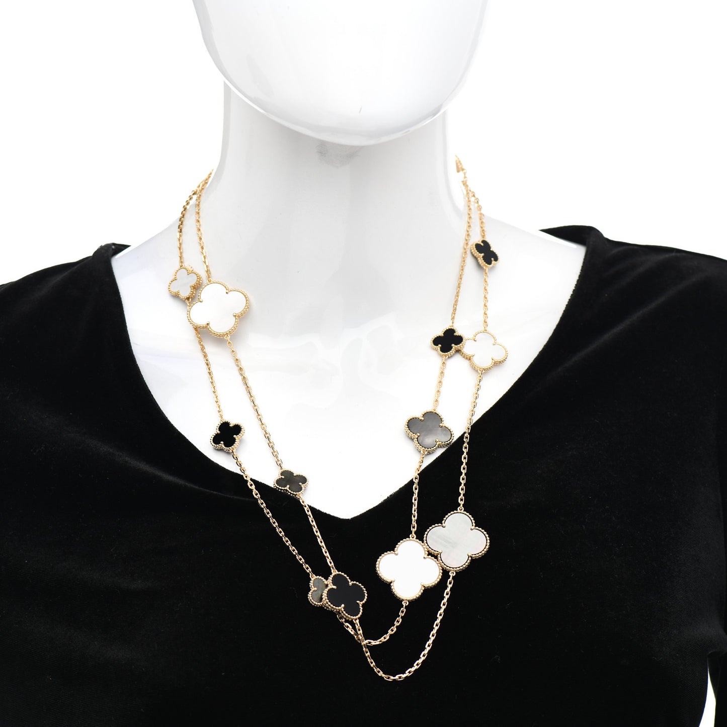 18K Yellow Gold Onyx Mother of Pearl 16 Motifs Magic Alhambra Necklace