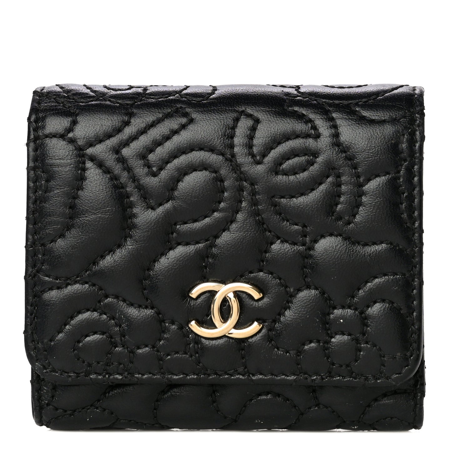 Lambskin Camellia Embossed Small Wallet Black