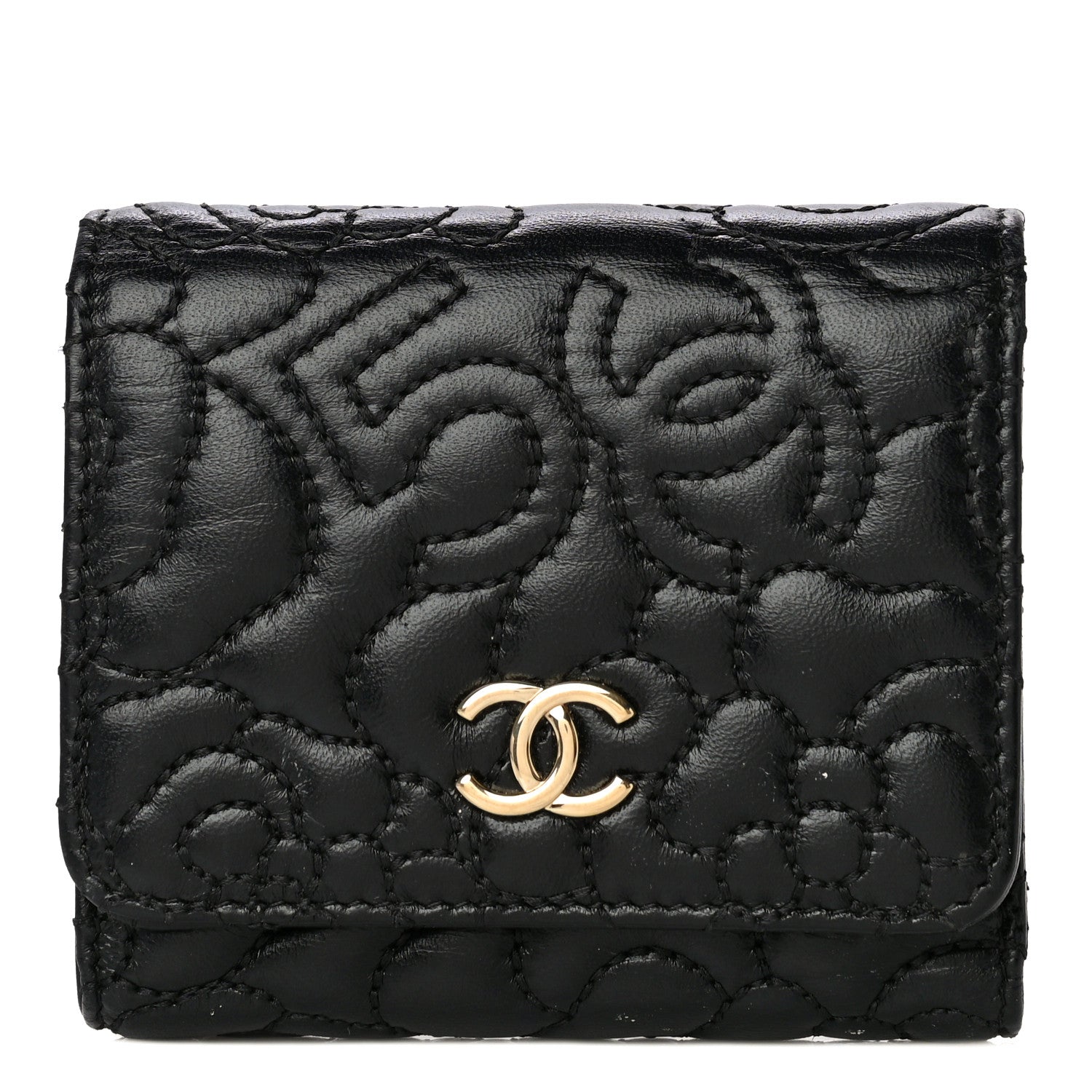 Chanel Lambskin Camellia Embossed Small Wallet Black 1 of 17