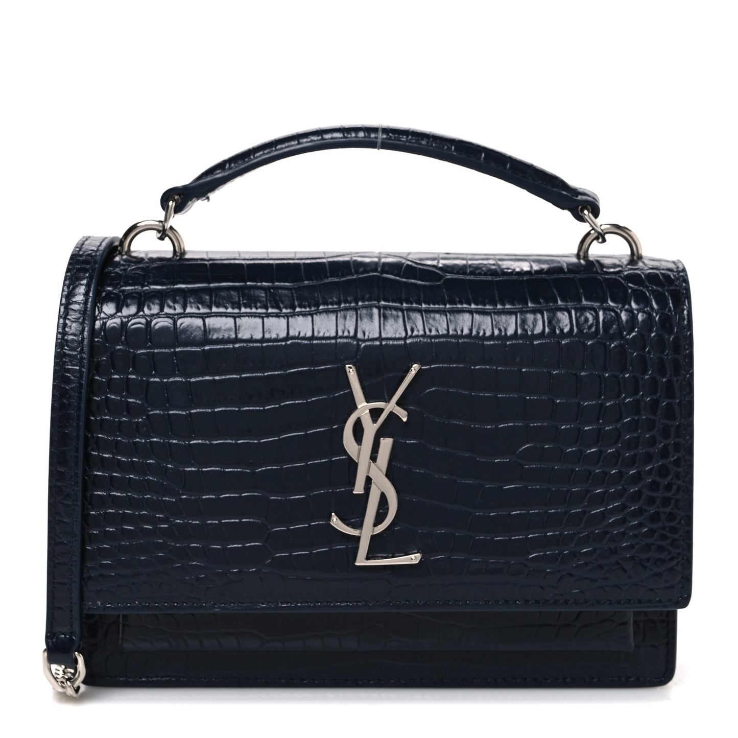 Calfskin Crocodile Embossed Monogram Sunset Chain Wallet New Cobalt