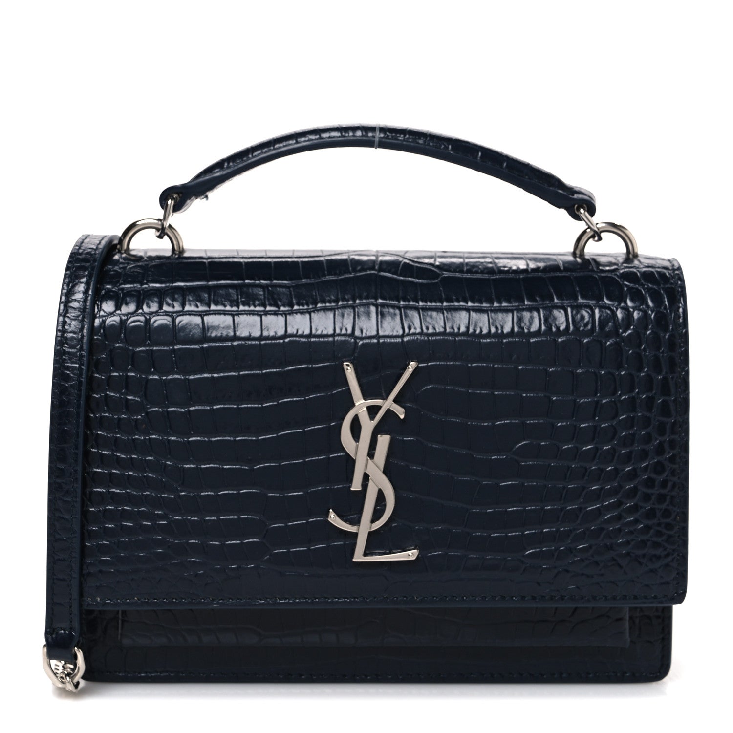 Saint Laurent Calfskin Crocodile Embossed Monogram Sunset Chain Wallet New Cobalt 1 of 9