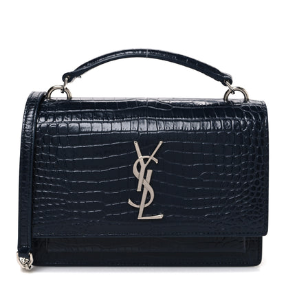 Saint Laurent Calfskin Crocodile Embossed Monogram Sunset Chain Wallet New Cobalt 1 of 9