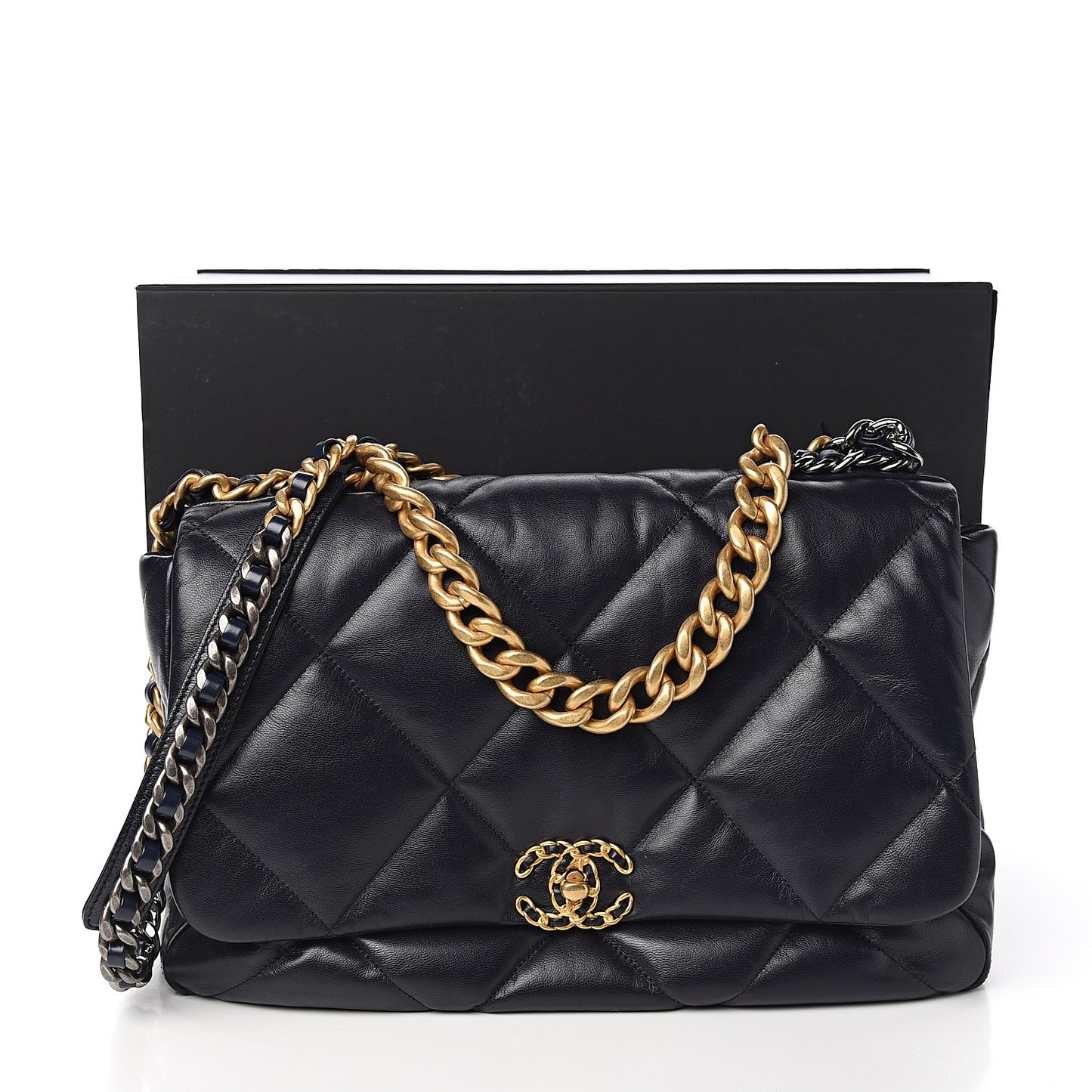 Shiny Goatskin Quilted Maxi 19 Flap Navy Blue