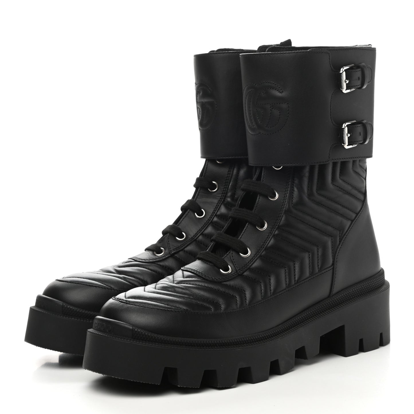 Nappa Frances GG Matelasse Platform Combat Boots 39 Black