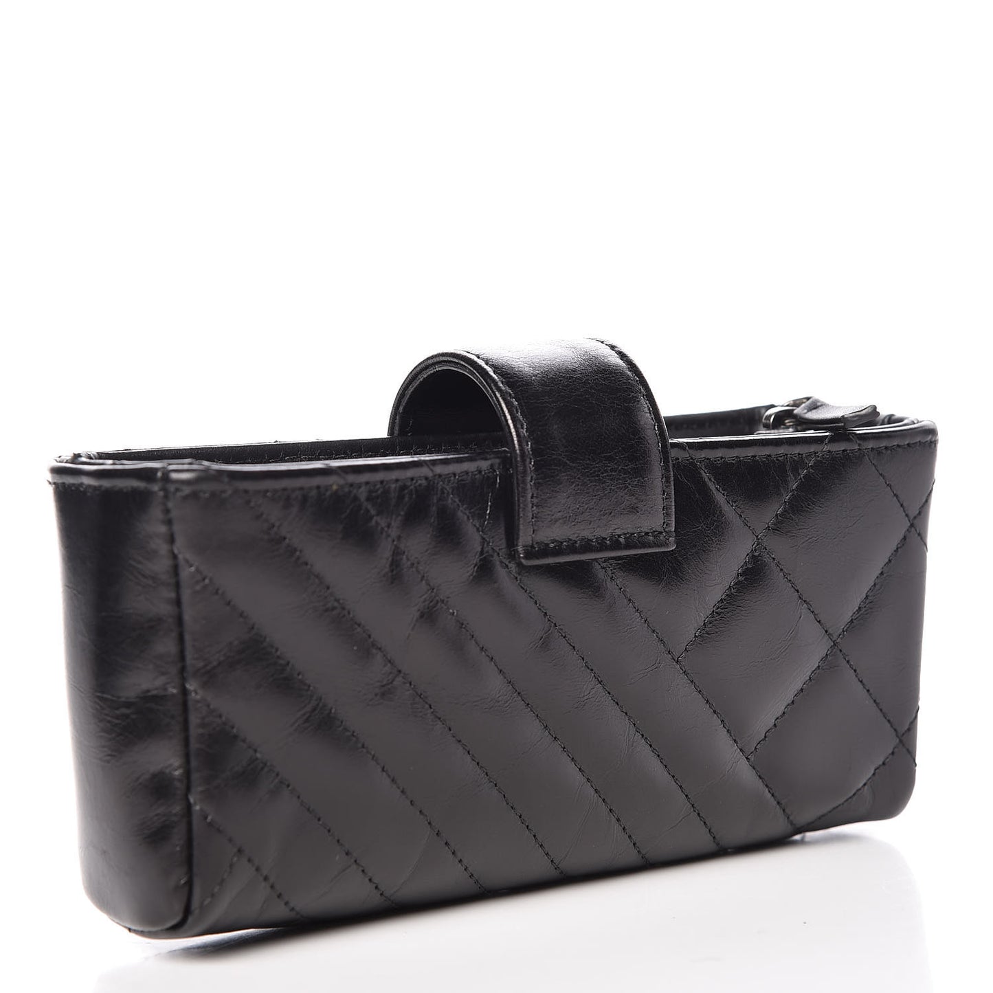 Glazed Calfskin Quilted Mini Phone Holder Clutch Black