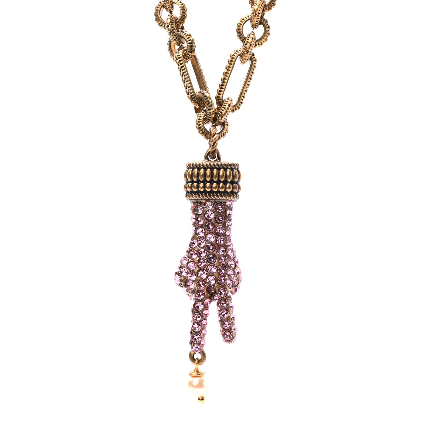 Crystal Hand Pendant Necklace Pink Aged Gold