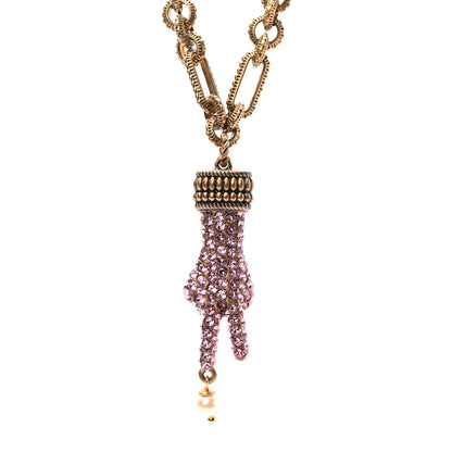 Gucci Crystal Hand Pendant Necklace Pink Aged Gold 4 of 5
