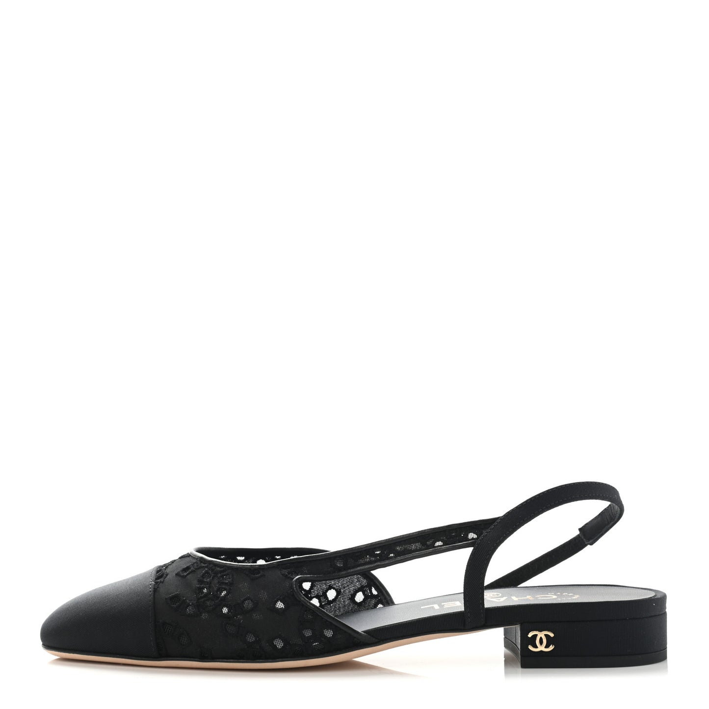 Tweed Cotton Grosgrain Cap Toe CC Slingback Flats 38 Black