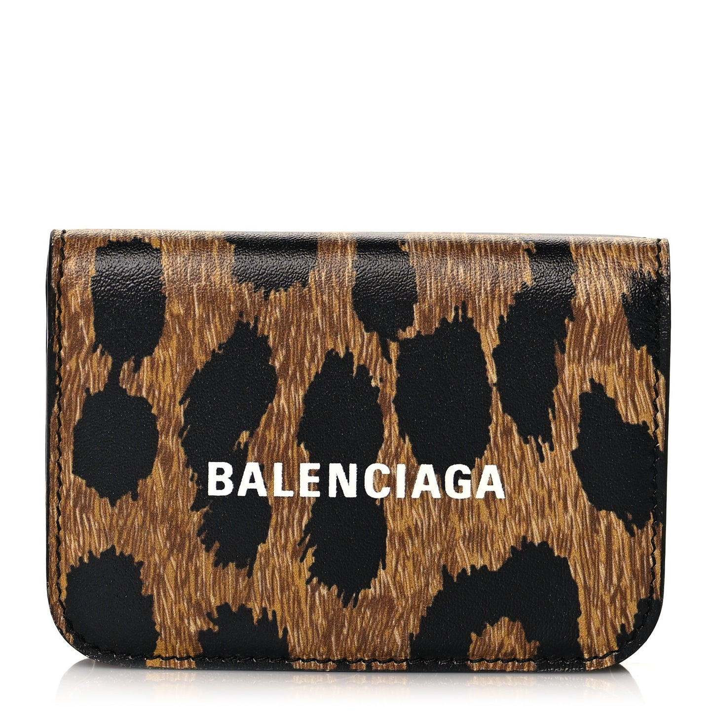 Calfskin Leopard Print Logo Everyday Mini Wallet Black