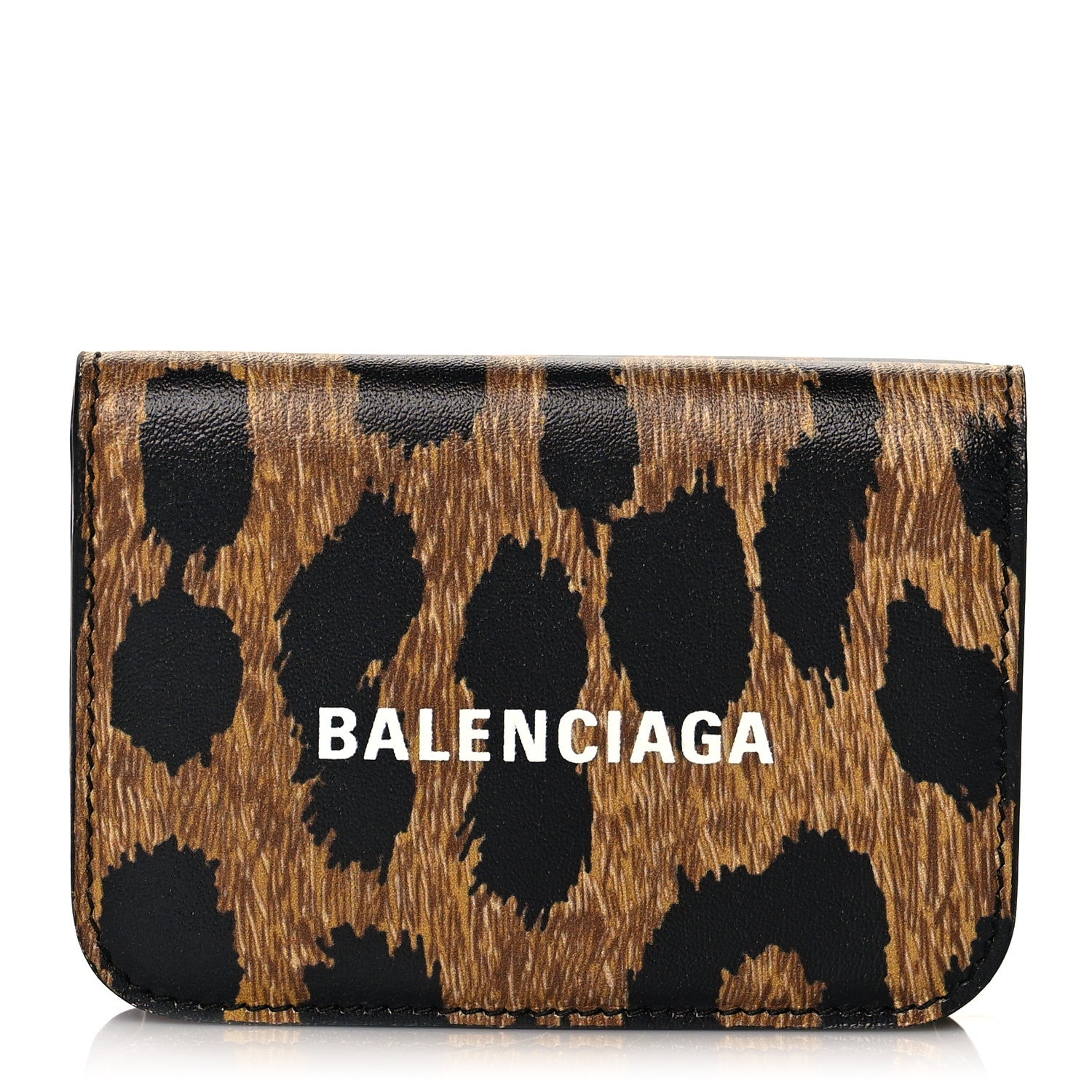 Balenciaga Calfskin Leopard Print Logo Everyday Mini Wallet Black 1 of 9
