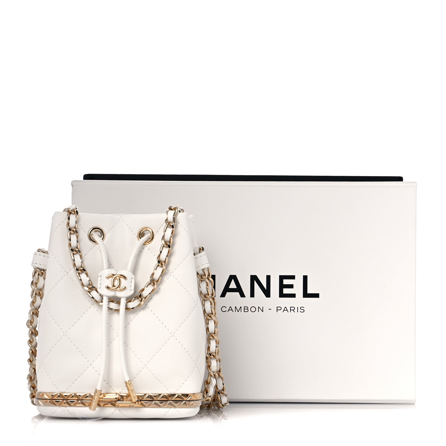 Chanel Metal Lambskin Quilted Small Chain Bucket Bag White 11 of 11