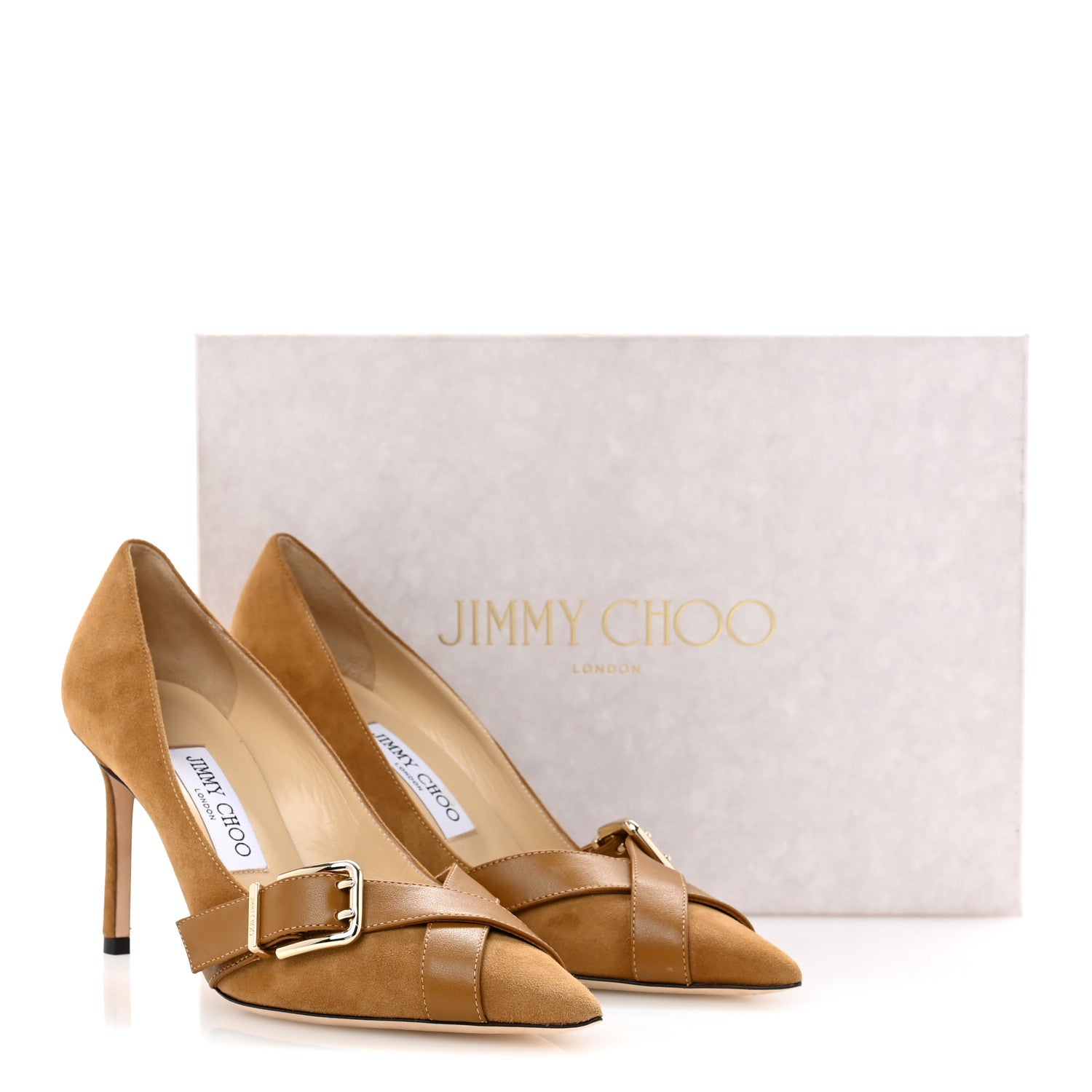 Jimmy Choo Suede Shiny Calfskin Alix 85 Buckle Pumps 37.5 Camel 10 of 10