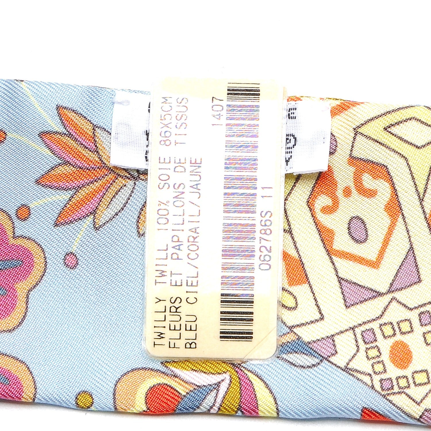 Hermes Silk Fleurs et Papillons de Tissus Twilly Bleu Ciel Corail Jaune 4 of 5