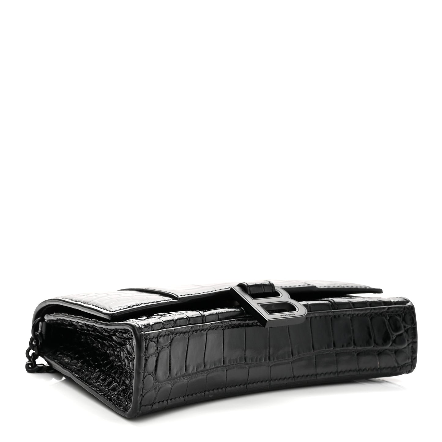 Shiny Calfskin Monochrome Crocodile Embossed Hourglass Chain Bag Black