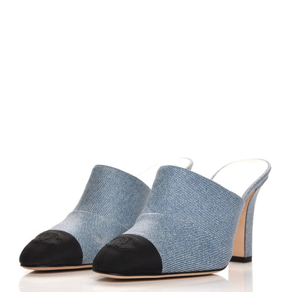 Chanel Printed Lambskin Grosgrain Cap Toe CC Mules 35 Blue Black 3 of 10