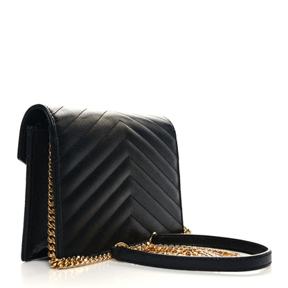 Saint Laurent Grain De Poudre Matelasse Chevron Monogram Envelope Chain Wallet Black 2 of 9