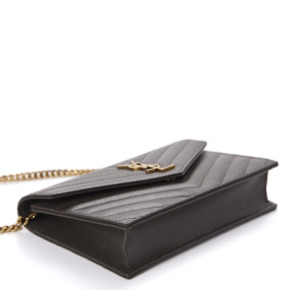 Saint Laurent Grain De Poudre Matelasse Chevron Monogram Envelope Chain Wallet Pebble 4 of 11