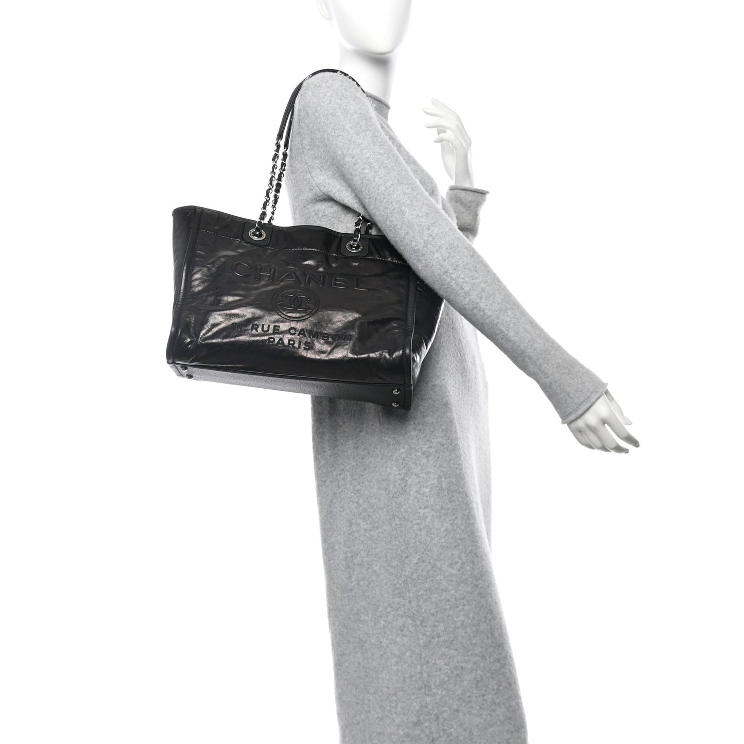 Glazed Calfskin Small Deauville Tote Black