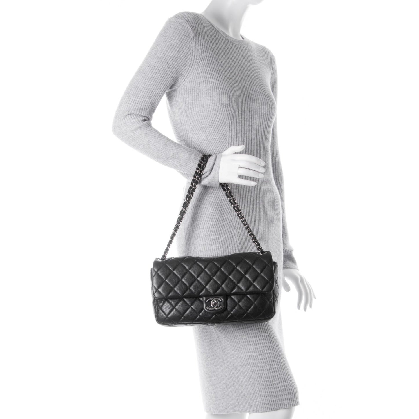 Calfskin Quilted Large Single Flap Black