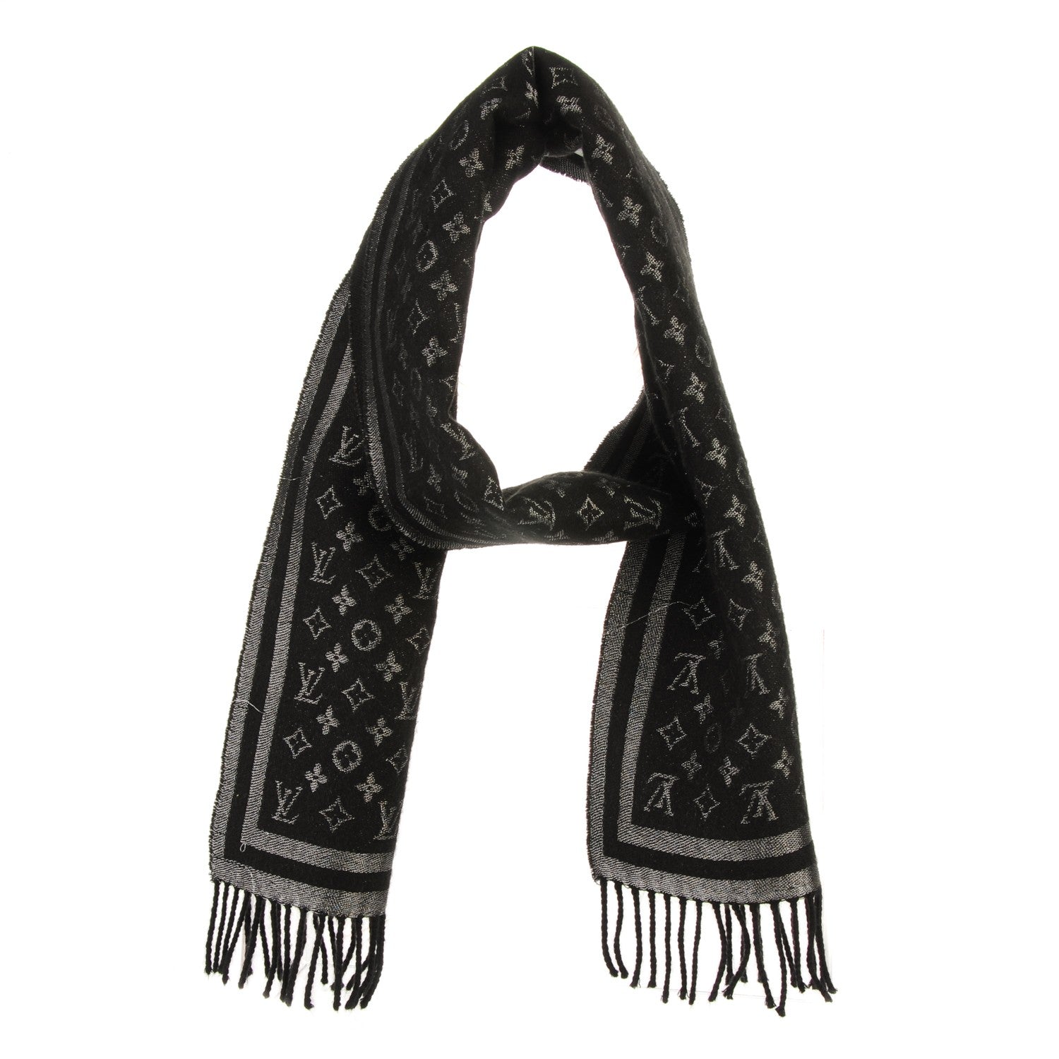 Louis Vuitton Wool Cashmere Lurex Monogram Scarf Black Silver 1 of 6
