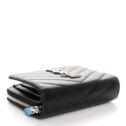 Saint Laurent Grain De Poudre Matelasse Chevron Monogram Compact Zip Around Wallet Black 4 of 11