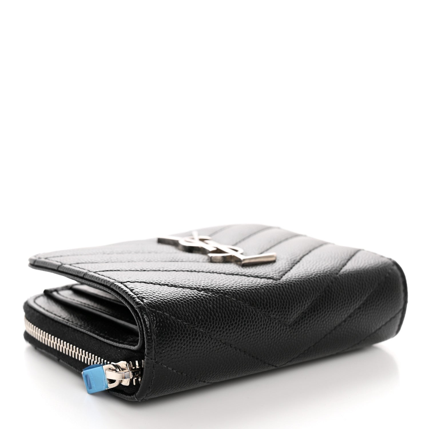 Saint Laurent Grain De Poudre Matelasse Chevron Monogram Compact Zip Around Wallet Black 4 of 11