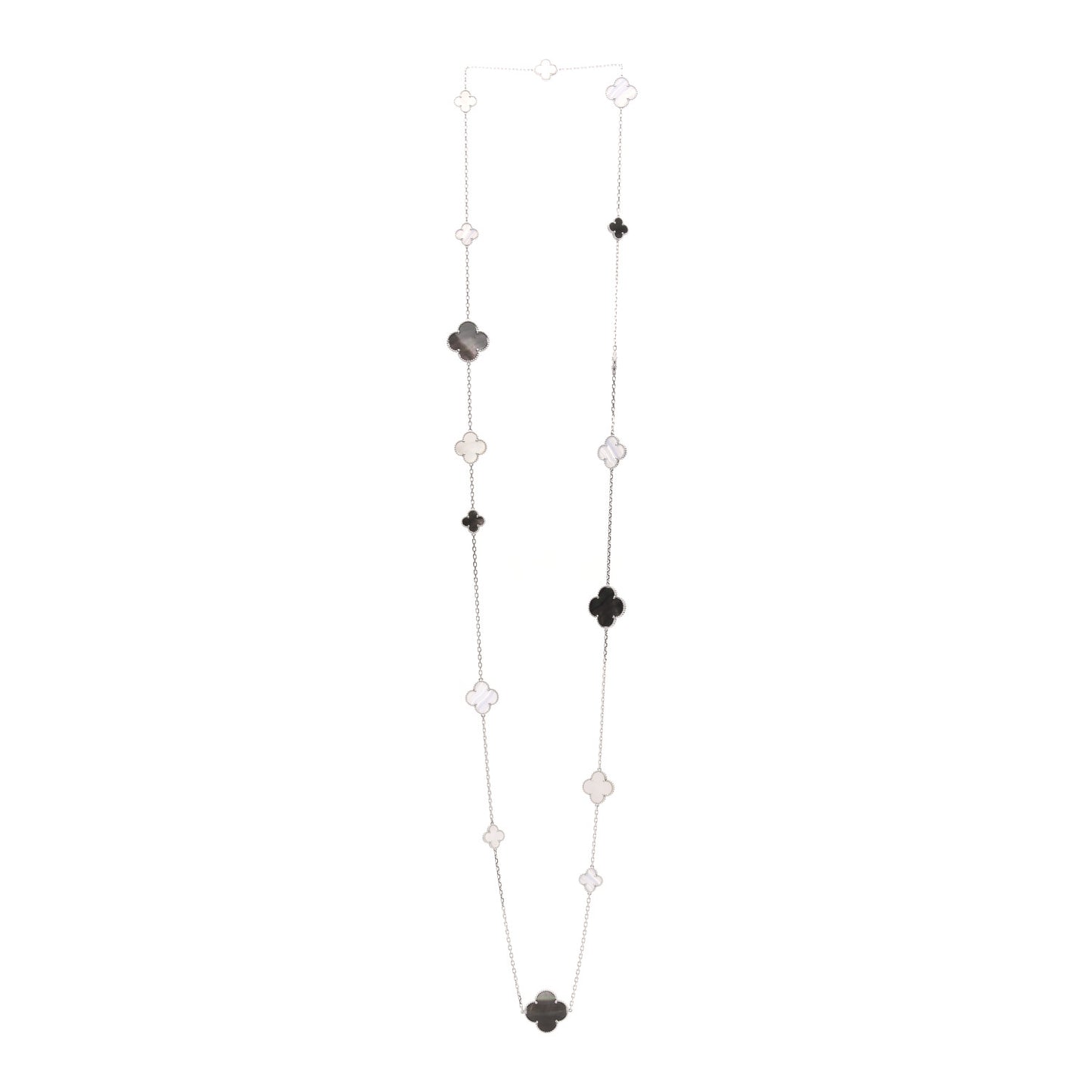 18K White Gold Mother of Pearl Chalcedony 16 Motifs Magic Alhambra Necklace