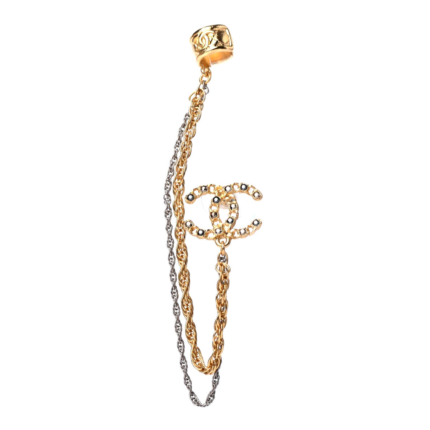 Chanel Crystal CC Chain Cuff Single Earring Gold Silver 1 of 4