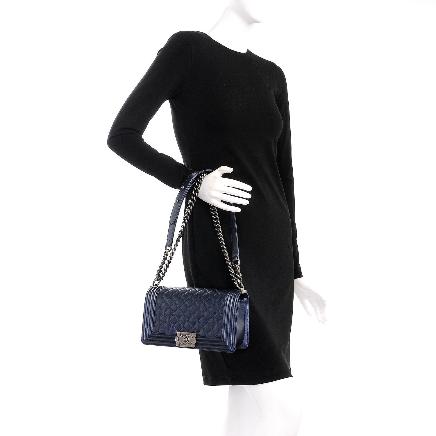 Chanel Metallic Caviar Quilted Medium Boy Flap Navy 3 of 9