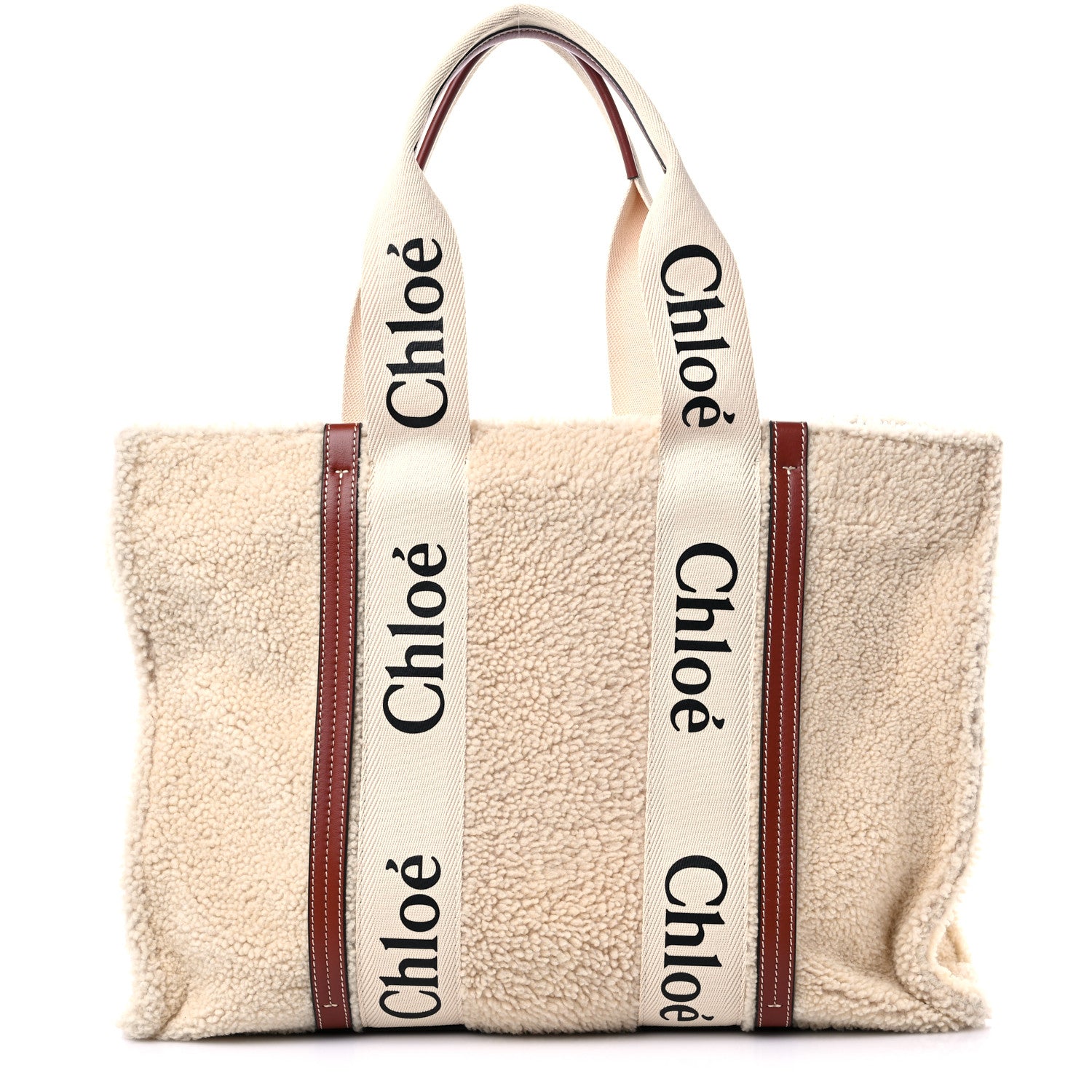 Chloe Shearling Calfskin Large Woody Ribbon Tote Mild Beige 1 of 10