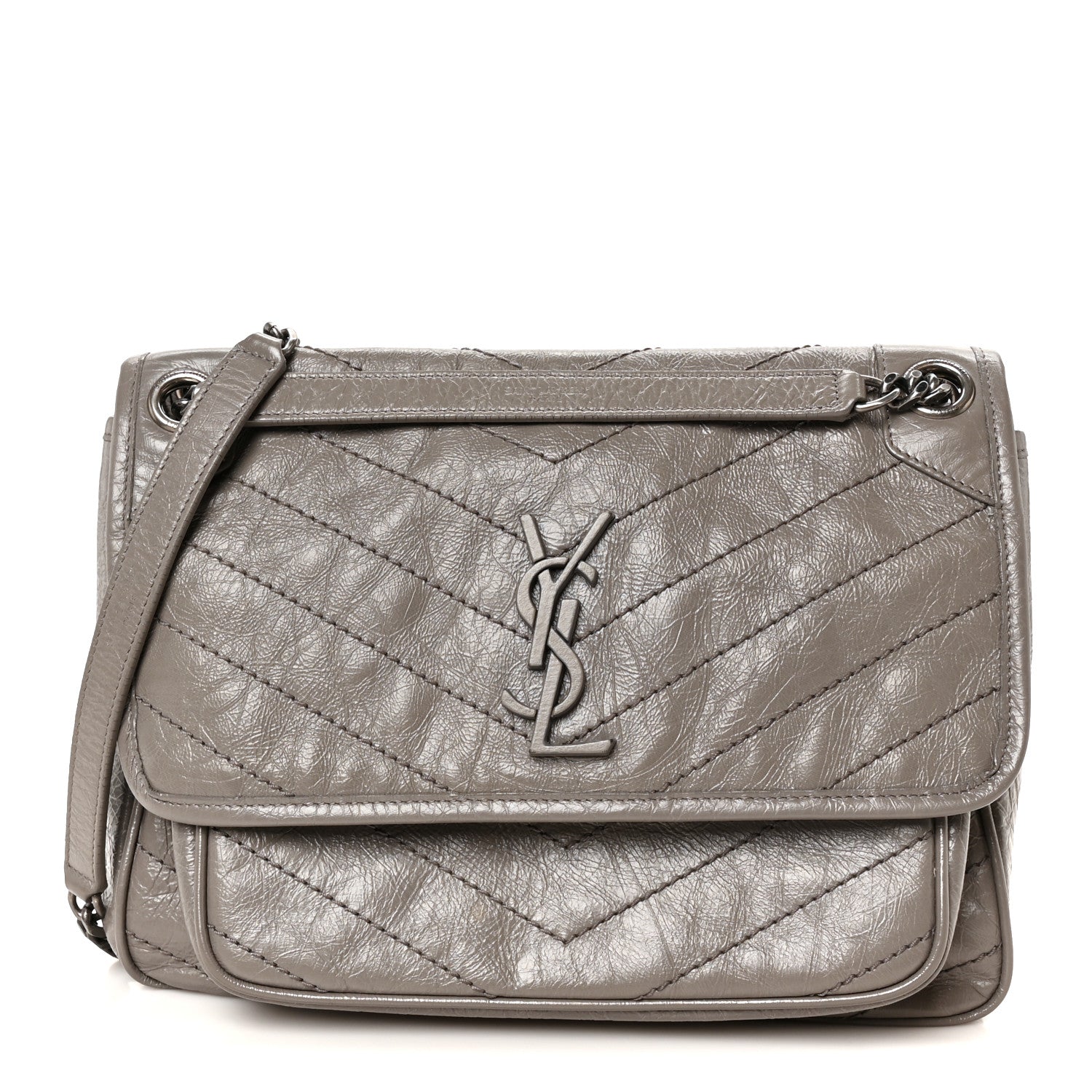 Saint Laurent Crinkled Calfskin Matelasse Monogram Medium Niki Chain Satchel Fog 1 of 11